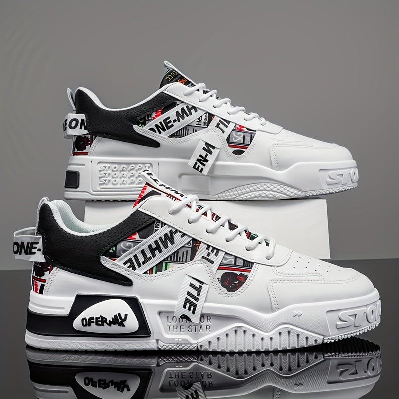 1 Pair MAINALUN Men'S Business Casual Sneakers - Lightweight, Durable, and Stylish for Outdoor Activities, Travel, and Daily Wear, White with Black Accents and Logo, Comfortable Lace-Up Design, Casual Footwear | Stylish Casua