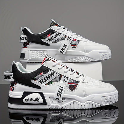 1 Pair MAINALUN Men'S Business Casual Sneakers - Lightweight, Durable, and Stylish for Outdoor Activities, Travel, and Daily Wear, White with Black Accents and Logo, Comfortable Lace-Up Design, Casual Footwear | Stylish Casua