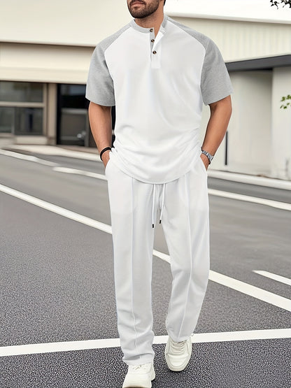 Men's Casual Mixed Color Spliced Set: Shirt and Drawstring Pants, Clean and Comfortable