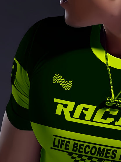 Men'S Racing Graphic T-Shirt - Bold Neon Green & Black Racing Car Design, Lightweight Breathable Fabric for Motorsport Events, Casual Streetwear - Chicago Dream Maker Inspired Casual Attire, Racing Jersey, Event Apparel, Spor