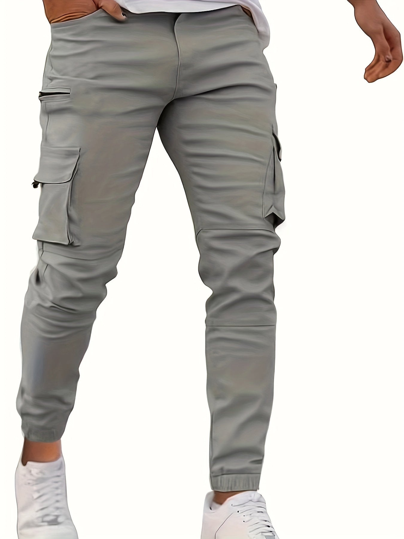 Men's Solid Color Multi-pocket Cargo Pants With Drawstrings, Casual Stylish Sports Trousers As Gift