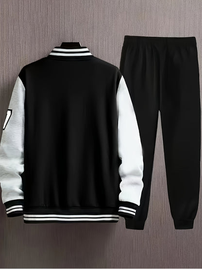 Men'S A07 Sporty Casual Baseball Outfit - Black & White "A" Print Jacket with Pockets, Matching Pants, Polyester Blend, Fall/Winter Wear, Casual Sportswear | Letter Print Jacket | Knit Construction, Baseball Attire