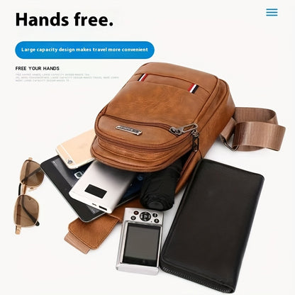 Men'S Vintage Faux Leather Chest Bag - Crossbody Sling Style, Multi-Layer Zippered Front, Brown with Red & White Stripes, Perfect for Casual Outings, Crossbody Bag, Secure Zipper Closure