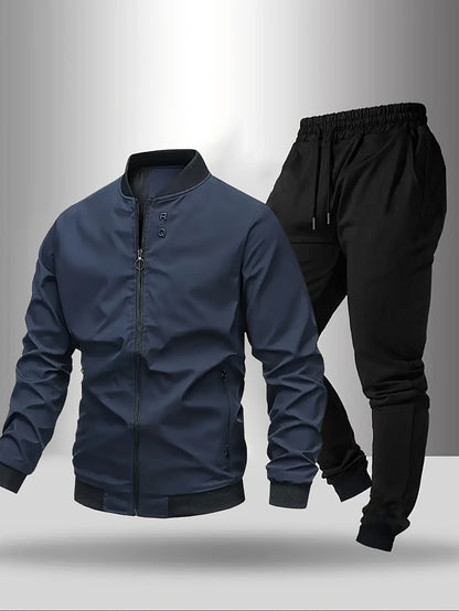 Men'S Casual Two-Piece Athletic Set - Black Baseball Collar Jacket with Zipper, Elastic Waistband Pants, Regular Fit for Spring/Fall, Spring Outerwear | Sporty Casualwear | Zippered Jacket