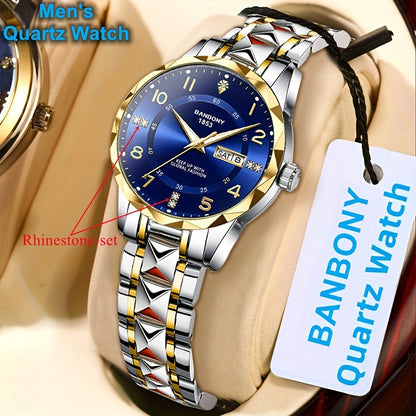 Banbony Women'S Quartz Watch - Luxury IPX7 Waterproof Stainless Steel Strap, Luminous Display, Rhinestone Accents, Date & Night Light, Minimalist Black Dial, Perfect Gift for Women, Casual Timepiece, Elegant Timepiece, Highqu