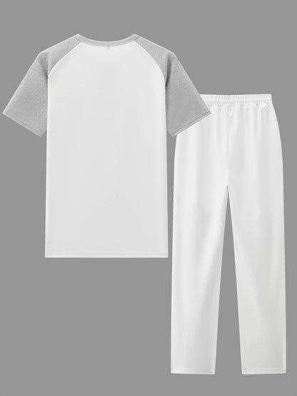 Men's Casual Mixed Color Spliced Set: Shirt and Drawstring Pants, Clean and Comfortable
