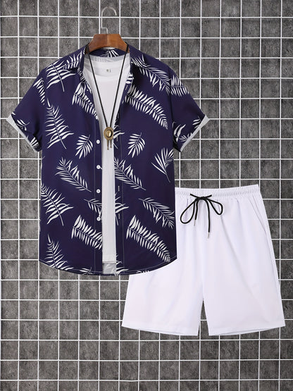 2-piece Men's Holiday Style Summer Outfit Set, Leafs Pattern Print Short Sleeve Button Up Lapel Shirt Top & Solid Drawstring Shorts With Pockets