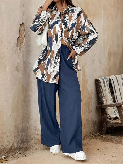 Women'S Elegant Floral Print Blouse and Wide-Leg Pants Set - Lightweight Polyester, Button-Up Shirt with Pockets, Perfect for Spring/Summer, Casual Attire|Floral Print Top|Polyester Fabric
