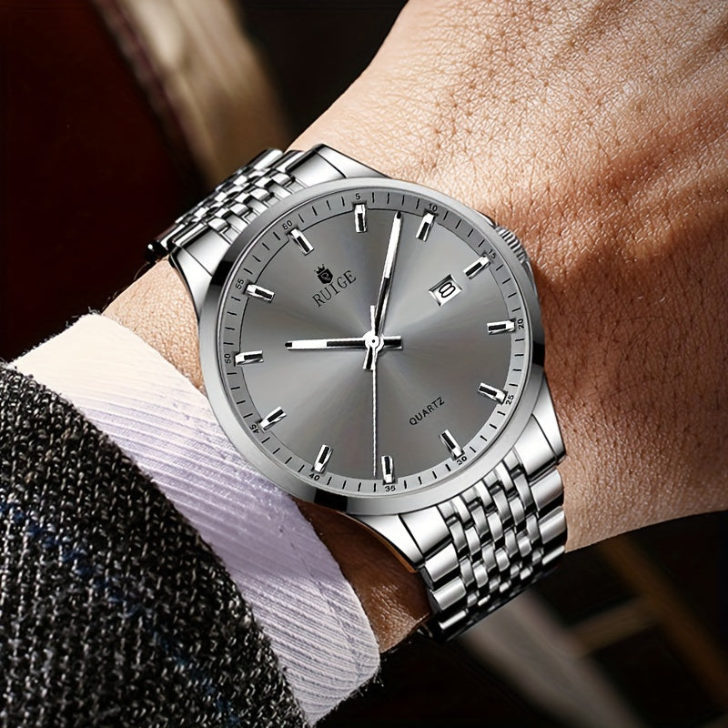 RUIGE Men's Sleek Quartz Watch - Stainless Steel Band, Simple Design with Date Display & Night Light Feature, Casual Wristwatch for Casual Attire