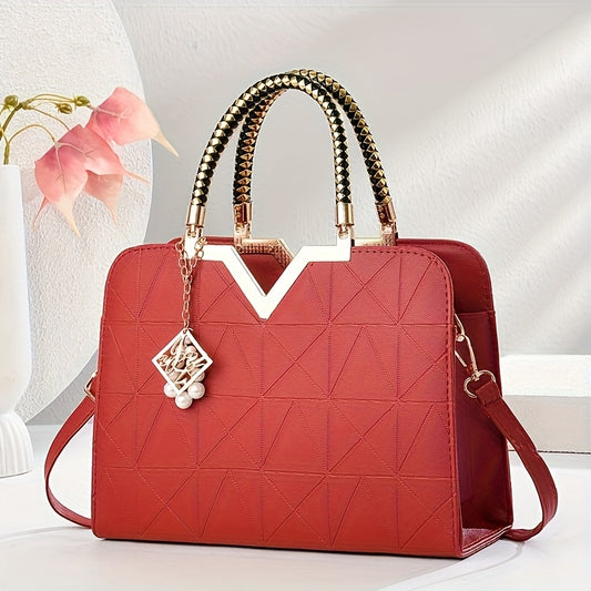 INCK KMCRK Women's Elegant Geometric Pattern Tote Bag - Large Capacity Detachable Shoulder Strap, Golden-Tone Accents & Zipper Closure, Versatile Commuter Work Bag for Spring/Summer, Black, Daily Use Accessory, Polyester Line
