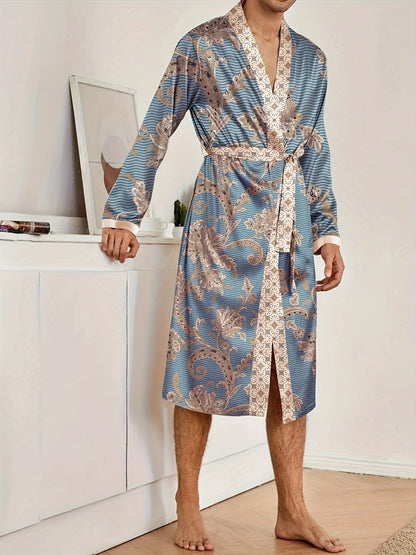 Men's Sleep Robe, Elegant And Light Luxury Pajamas Set, Stylish Gorgeous Floral Print, V-neck Long Sleeve Sleep Robe And Shorts, Sleep Wear Robe Set For Home Wear