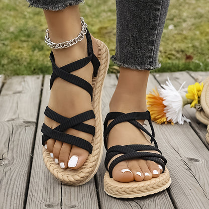 Women's Stylish Black Flat Sandals with Adjustable Ankle Straps - Breathable Fabric Upper, EVA Sole, Low Heel for Casual Wear, Beach, and Spring Outings, Strappy Sandals