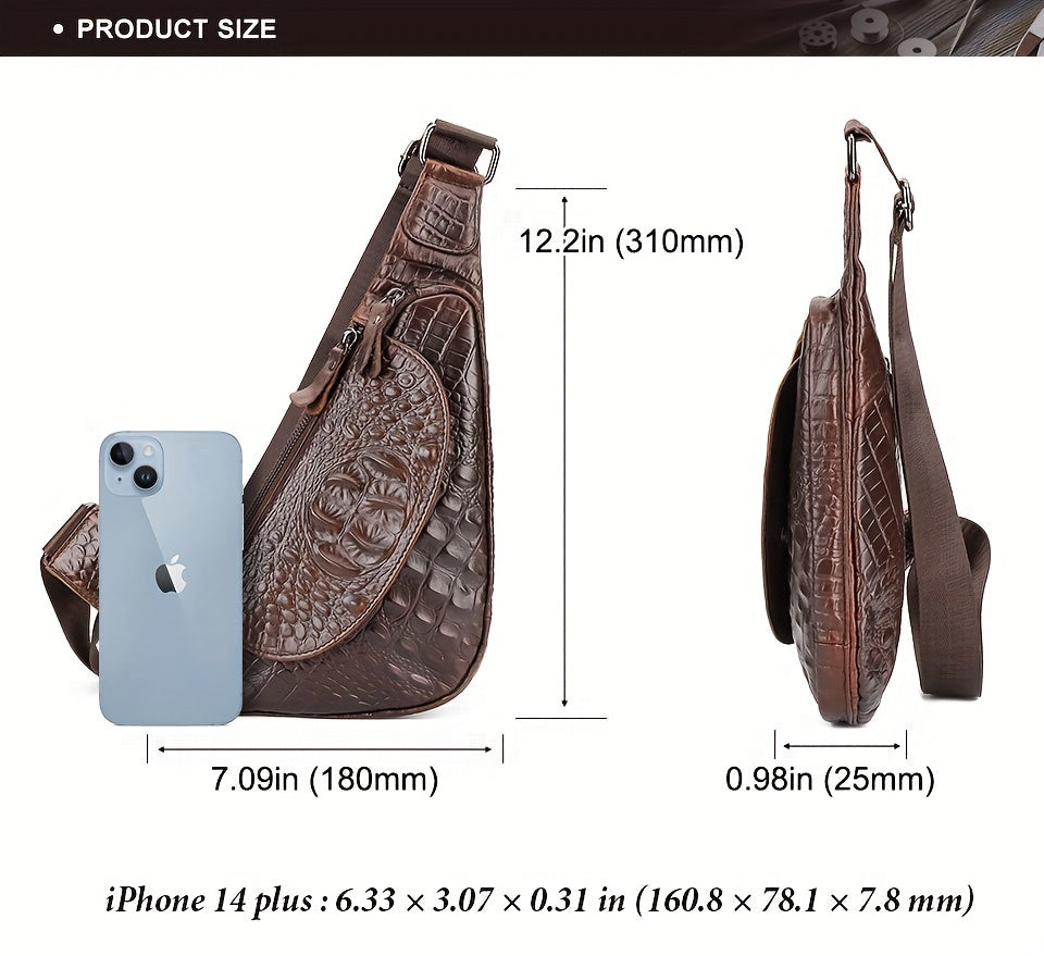 HUMERPAUL Men'S Casual Brown Leather Crossbody Bag with Alligator Print - Adjustable Strap, Multi-Compartment, Everyday Commute Shoulder Bag, Everyday Bag | Casual Style Bag | Adjustable Strap Bag