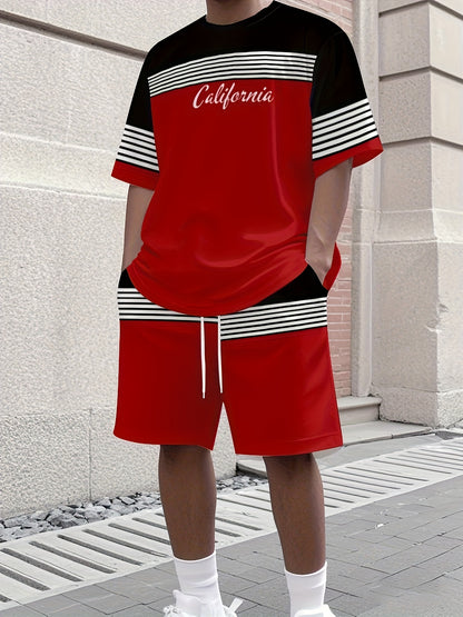 Men'S Athletic T-Shirt & Shorts Set - California Graphic, Blue & White, Drawstring Waist, Summer Sportswear, Regular Fit, Adult Exercise Gear, Athletic Apparel | California Design | Knit Constructio