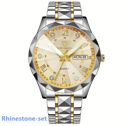 Fashionable Men'S Quartz Watch with a Diamond-shaped Dial, IPX7 Waterproof, Dual Calendar, Luminous Steel Strap, Business Watch