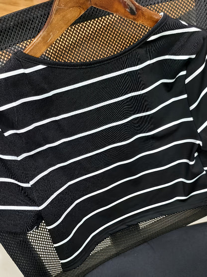 Women'S Elegant Black & White Striped Short Sleeve Top - Crew Neck, Stretchy Polyester Blend, Machine Washable, Perfect for Spring/Summer/Fall Casual Wear, Ladies T Shirts
