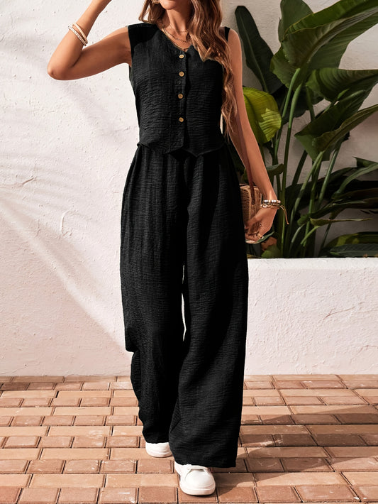 Women's Solid Color Front Buckle Sleeveless Shirt and Trousers Casual Suit Spring/Autumn Women's Fashion Elegant Unique Two-Piece Set