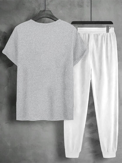 1set Men'S Casual Sportswear Set, Geometric Pattern Short Sleeve T-Shirt and Drawstring Joggers, Knitted Polyester and Elastane Blend, Round Neck, Regular Fit, Four Seasons Outfit