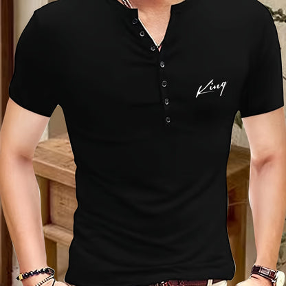 Cen Han Selection Men's Stretch Polyester-Spandex Blend Short Sleeve T-Shirt - Athletic Fit Small V-Neck Casual Top with Chest Logo Print for Summer Workouts & Casual Attire
