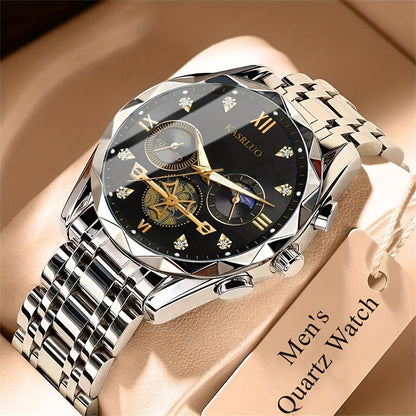 1pc Men'S Stainless Steel Quartz Watch with IPX7, Luminous Display, Rhinestone Accents, Scratch-Resistant Dial, Date Window & Chronograph Function - Stylish Casual Timepiece for Casual Attire, Everyday Timepiece | Luminous Wa