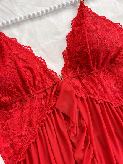 Sexy and Romantic Sleepwear Set, Solid Color Lace Camisole with Matching Panties, V-Neck Design Accentuating Elegant Neckline, Delicate Lace Pattern for Softness. Flared Hem and Ruffled Front Add Graceful Charm, Perfect for a