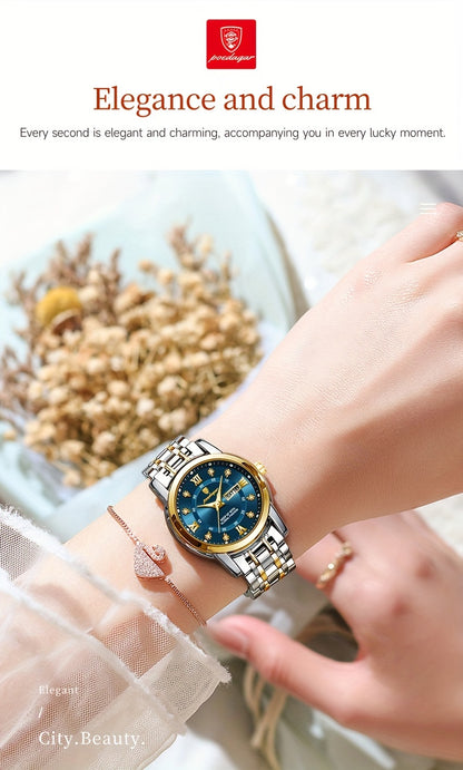 POEDAGAR Elegant Stainless Steel Quartz Watch for Women, Luminous Calendar, Round Alloy Case, Trendy Korean Style, Non-Rechargeable Battery, Watch Accessories