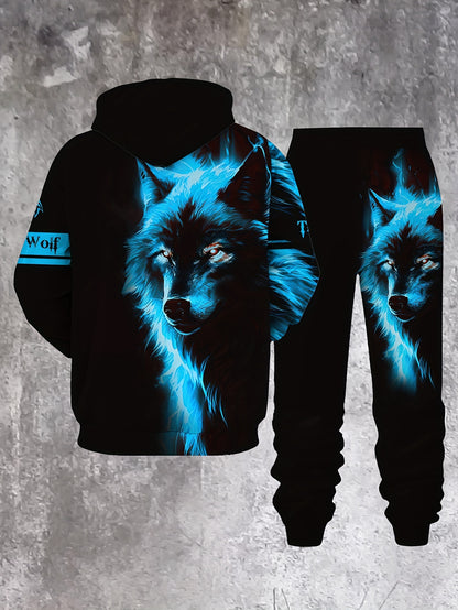 Men'S Wolf Print Hooded Sweatshirt and Joggers Set, Casual Polyester Knit Fabric, Slight Stretch, Regular Fit, Comfortable Long Sleeve Pullover for Spring/Fall, Weekend Casual Wear