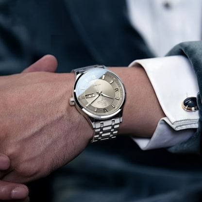 Elegant Men's Stainless Steel Quartz Watch - Luxurious Golden-Tone Business Timepiece with Dual Calendar & Luminous Hands, Waterproof - Ideal Gift for Birthdays & Anniversaries