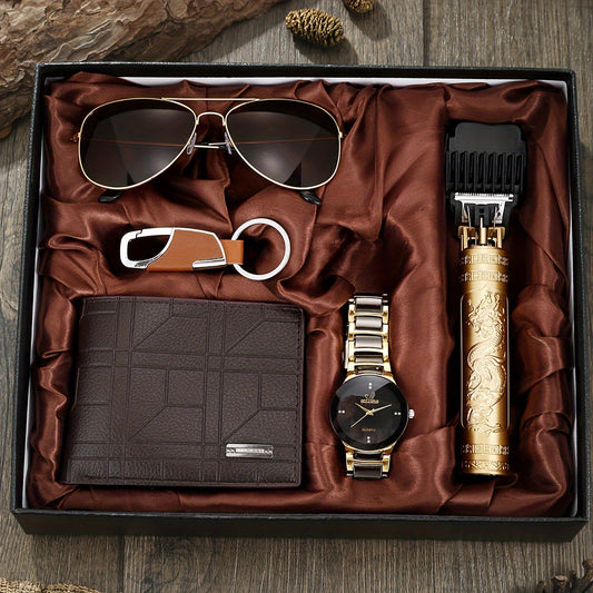 5pcs Men's New Fashionable Multifunctional Elegant Watch Gift Set with Business Steel Strap, Multi-Function Wallet, Glasses, Keychain, Hair Clipper, Suitable as His Holiday Present, Perfect for Thanksgiving