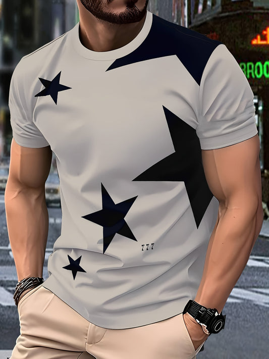 3D Print Streetwear Graphic Tee - Casual Short Sleeve Crew Neck, Black & White Star Design with Bold "19.74meter Print, Lightweight Polyester Blend for Casual Attire, Streetwear Fashion | Bold Graphic Tee | Stretchy Fabric