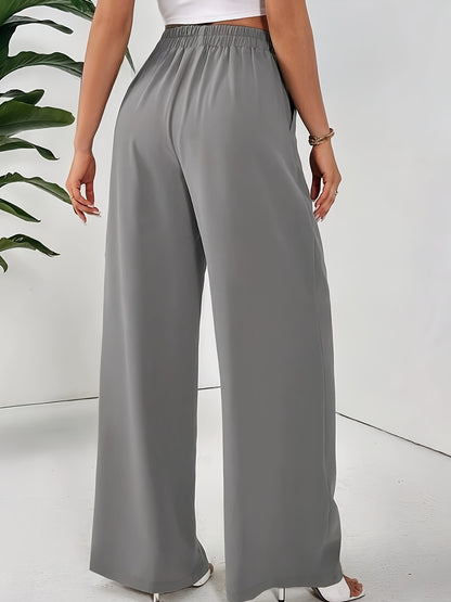 Women'S Stylish Gray Wide Leg Pants with Elastic Waistband and Double Pockets - Perfect for Office, Commuting, or Casual Wear