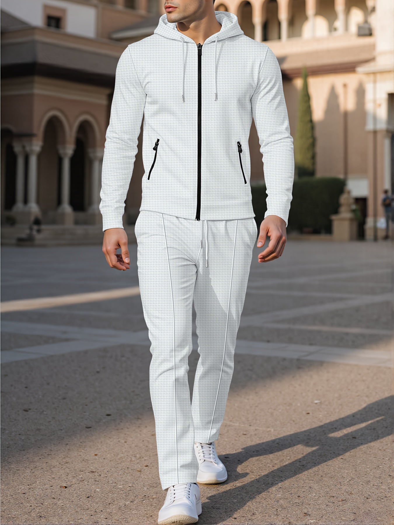 New Style Autumn Men's 2pcs Set, Casual Hooded Long Sleeve Zip-Up Sweatshirt and Drawstring Jogger Pants with Pockets, All-Season Outfit for Men