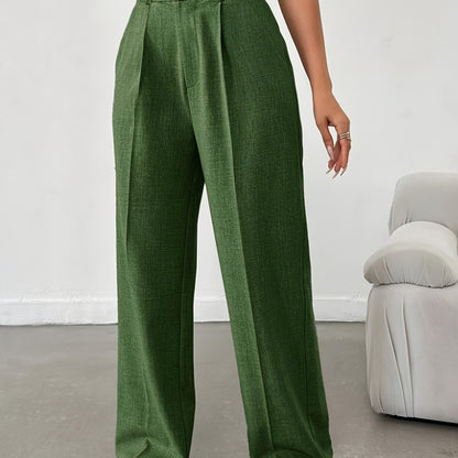 Women's Casual Polyester Stretch Straight Pants, Solid Color, Suitable for All Seasons, with Button Details, Women's Trousers