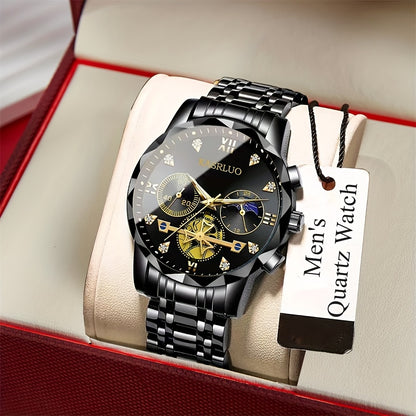 1pc Men'S Stainless Steel Quartz Watch with IPX7, Luminous Display, Rhinestone Accents, Scratch-Resistant Dial, Date Window & Chronograph Function - Stylish Casual Timepiece for Casual Attire, Everyday Timepiece | Luminous Wa
