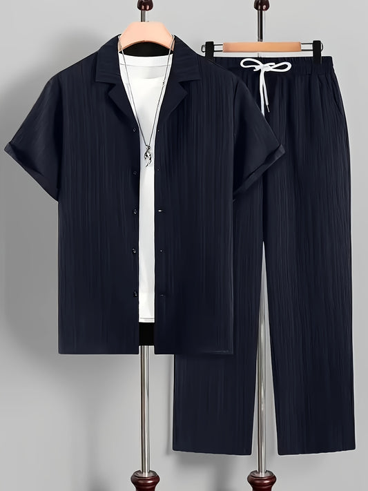 2pcs Men'S Casual Summer Set - Short Sleeve Button-Up Cuban Collar Shirt and Drawstring Waist Pants, Polyester Blend, Solid Color, Regular Fit, Breathable Fabric, Lightweight for Daily Wear