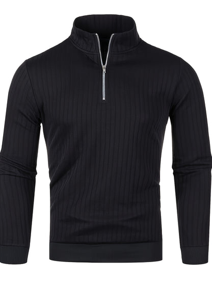 Men'S Casual Polyester Sweater, Solid Color, High Neck Quarter Zip, Long-Sleeved Pullover, Regular Fit, 100% Polyester Knit Fabric, 230g/m² - Fall/Winter Essential