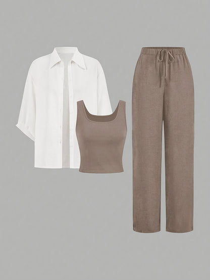 3pcs Summer Women's Casual Vest Shirt and Pants Set