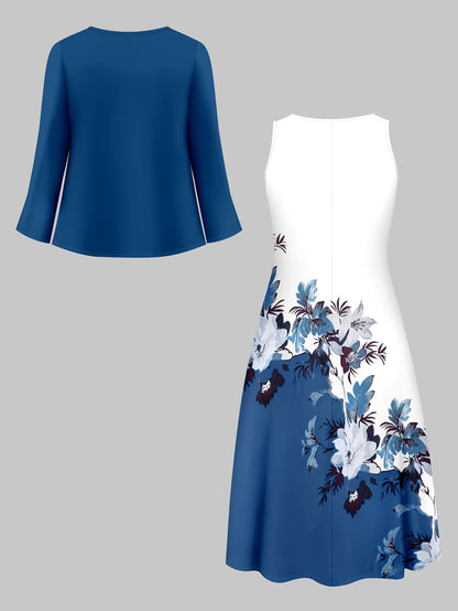 Fashion Women's solid color small cardigan and floral print patchwork dress two-piece set