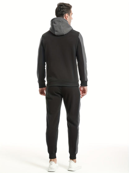 Men'S Casual Hoodie Set for Autumn And Winter, Featuring a Hooded Sweatshirt And a Sporty Cardigan in a Patchwork Design.