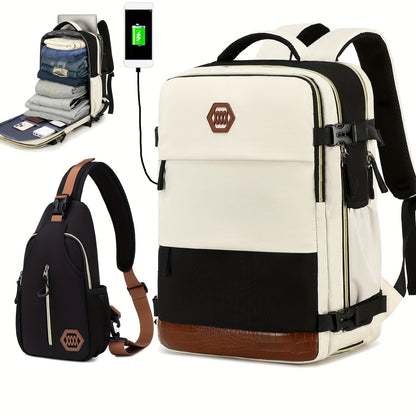 Large Capacity Women'S Travel Backpack with Shoe Compartment, Flight Approved Carry-On, Business Laptop Bag, Polyester Lined, Adjustable Strap, Zipper Closure, Solid White, USB Powered