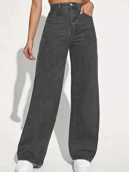 1pc Women'S High Stretch Cotton Wide Leg Jeans, Casual Washed Solid Color Denim, Woven Fabric, Versatile for Spring/Summer/Fall - DXK1005BF861K