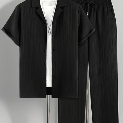 2pcs Men'S Casual Summer Set - Short Sleeve Button-Up Cuban Collar Shirt and Drawstring Waist Pants, Polyester Blend, Solid Color, Regular Fit, Breathable Fabric, Lightweight for Daily Wear