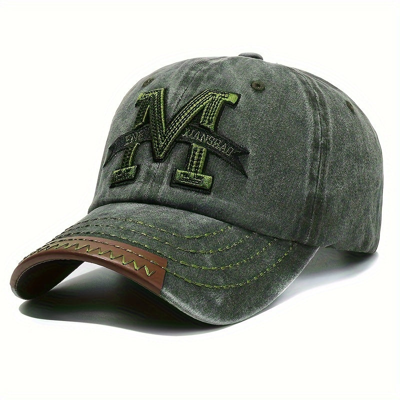 1pc Vintage Washed Cotton Baseball Cap with Embroidered Letter "M" - Adjustable Snapback, Lightweight Sun Hat for Men & Women, Black with Brown Band, Adjustable Baseball Cap