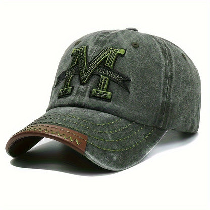 1pc Vintage Washed Cotton Baseball Cap with Embroidered Letter "M" - Adjustable Snapback, Lightweight Sun Hat for Men & Women, Black with Brown Band, Adjustable Baseball Cap