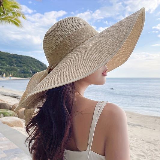 Chic Wide Brim Straw Sun Hat for Women - Summer Beach & Travel Cap with Adjustable Drawstring, Breathable Paper Material