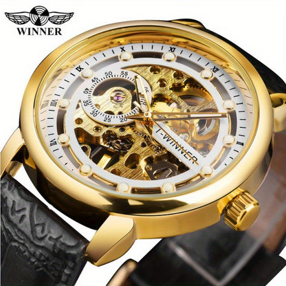Men'S Luxury Mechanical Skeleton Watch with Golden-Tone Alloy Case & Faux Leather Strap - Mechanical Hand-Wind, World Time, Date Display, Elegant Fashion Accessory for Casual Attire, Mechanical Watch, Sophisticated Design, In
