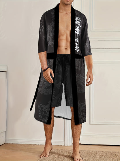 Men'S Dragon Dance Square Dragon Print Robe and Shorts Set - Casual V-Neck, Non-Stretch Polyester Home Wear with Belt Detail, Regular Fit