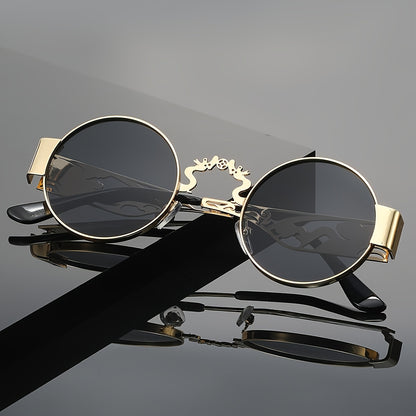 A Pair Of Men's Stainless Steel Retro Round Frame Glasses, Chinese Dragon And Phoenix Carving Hollow Arms, Casual Hip-hop Punk Street Party Fashion Trend Decorative Glasses, With PC Lenses