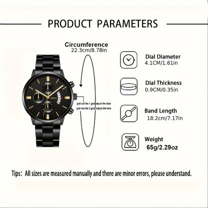 2pcs Men'S Quartz Watch Set with Concept Decorative Dial, Fashionable Wristwatch & Bracelet Combo - Shock-Resistant, Analog Display, Alloy & Stainless Steel Bands - Ideal for Birthdays & Holiday Parties, Gift for Men & Studen