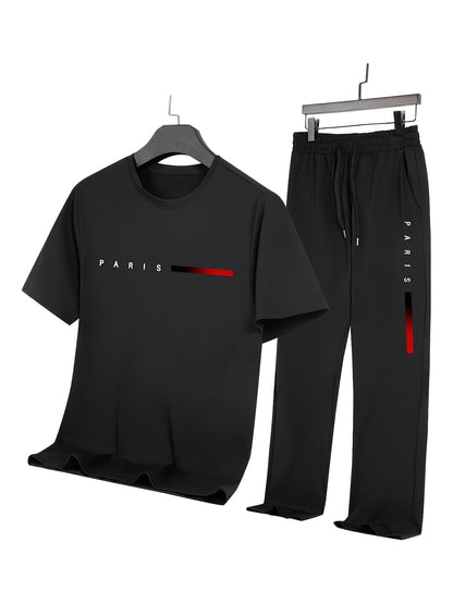 Men'S Casual Sports Two-Piece Set Short Sleeve Top Straight Leg Pants with Paris Print, Fashionable And Trendy, Ideal for Summer, Parties, Casual Outings, And Everyday Wear, Everyday Wear|Short Sleeve Top|Print Trousers